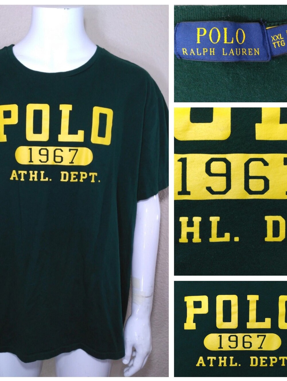 POLO RALPH LAUREN T Shirt XXL GREEN Yellow SPELLOUT 2XL Athletic Dept MENS RL SS